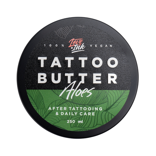 Packshot of Love Ink Tattoo Butter Aloe tin, labeled for after tattooing and daily care, 250 ml.