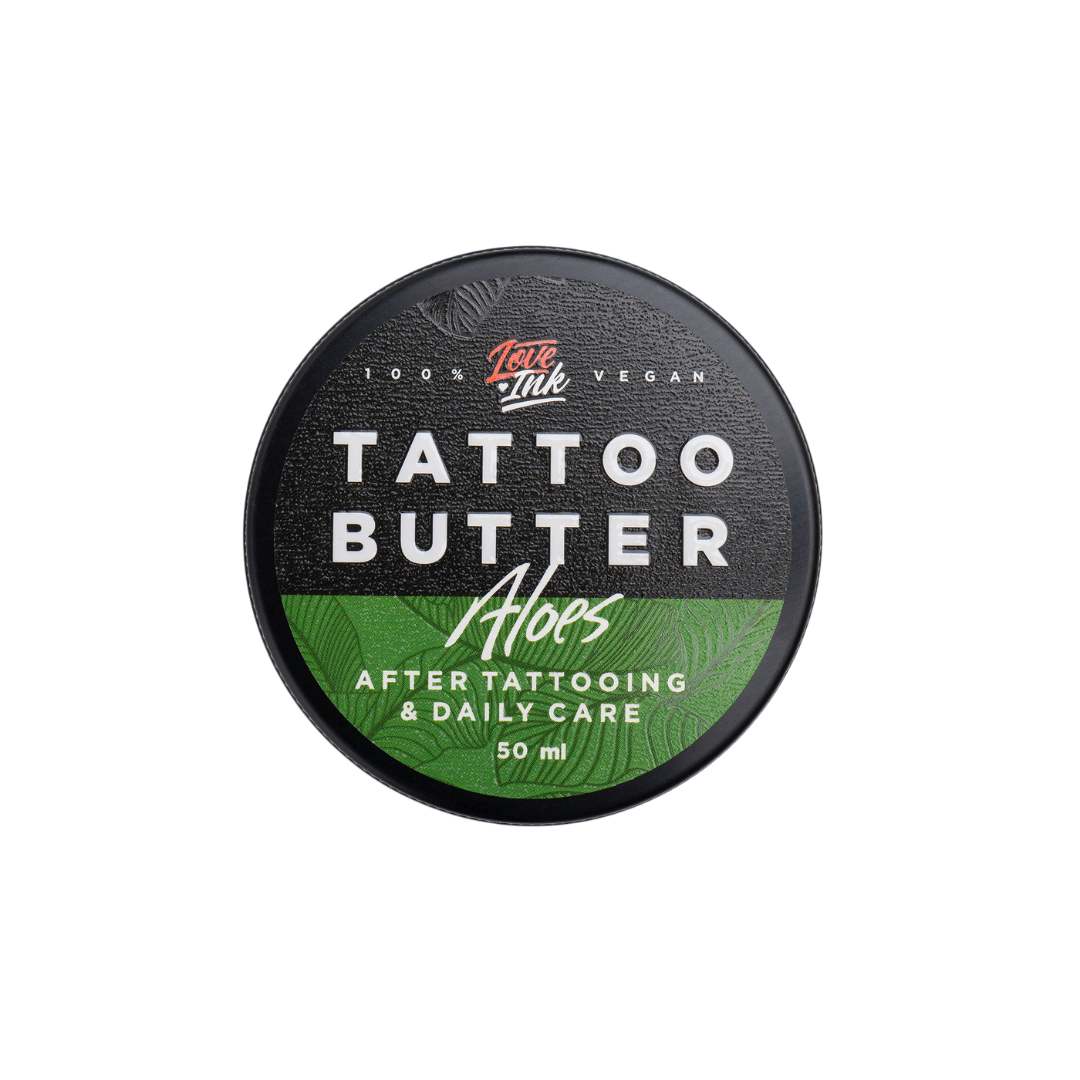 Packshot of Love Ink Tattoo Butter Aloe tin, labeled for after tattooing and daily care, 50 ml.